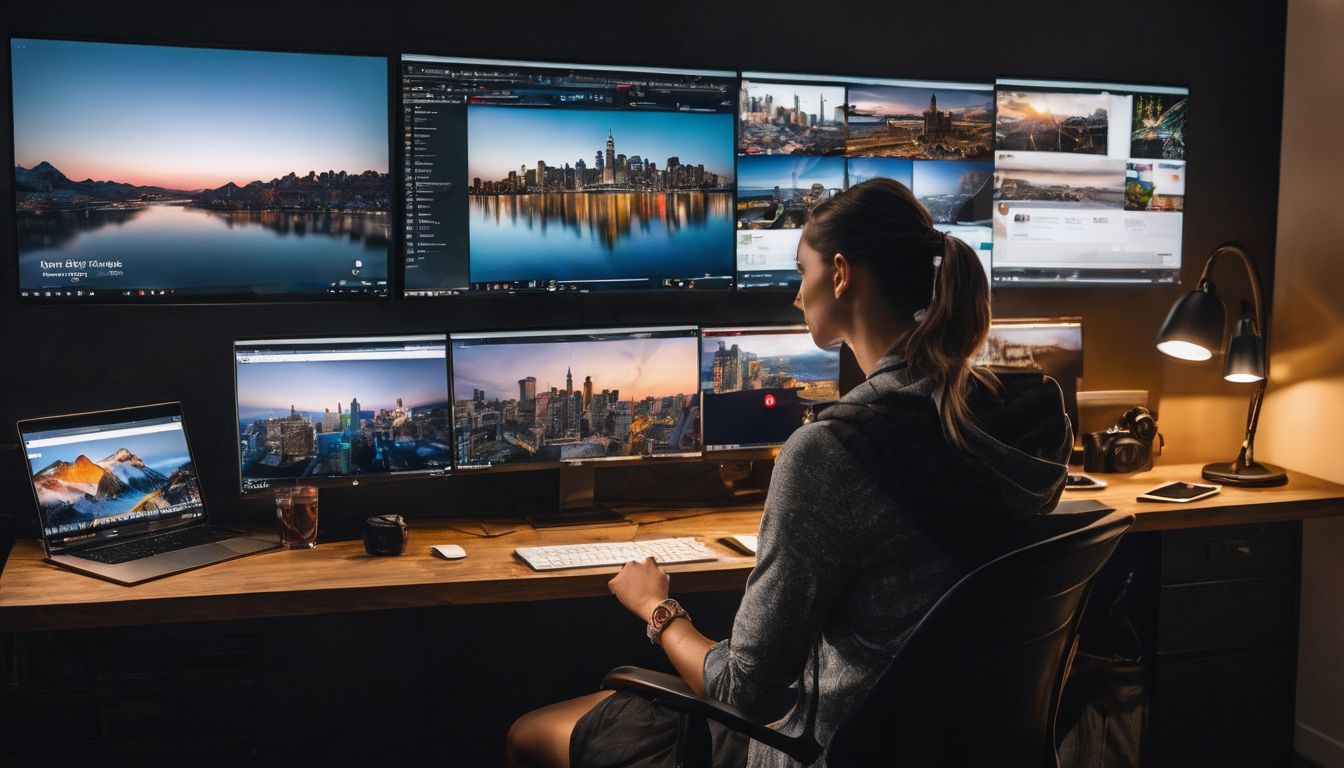 A person managing social media content and photography using professional tools.