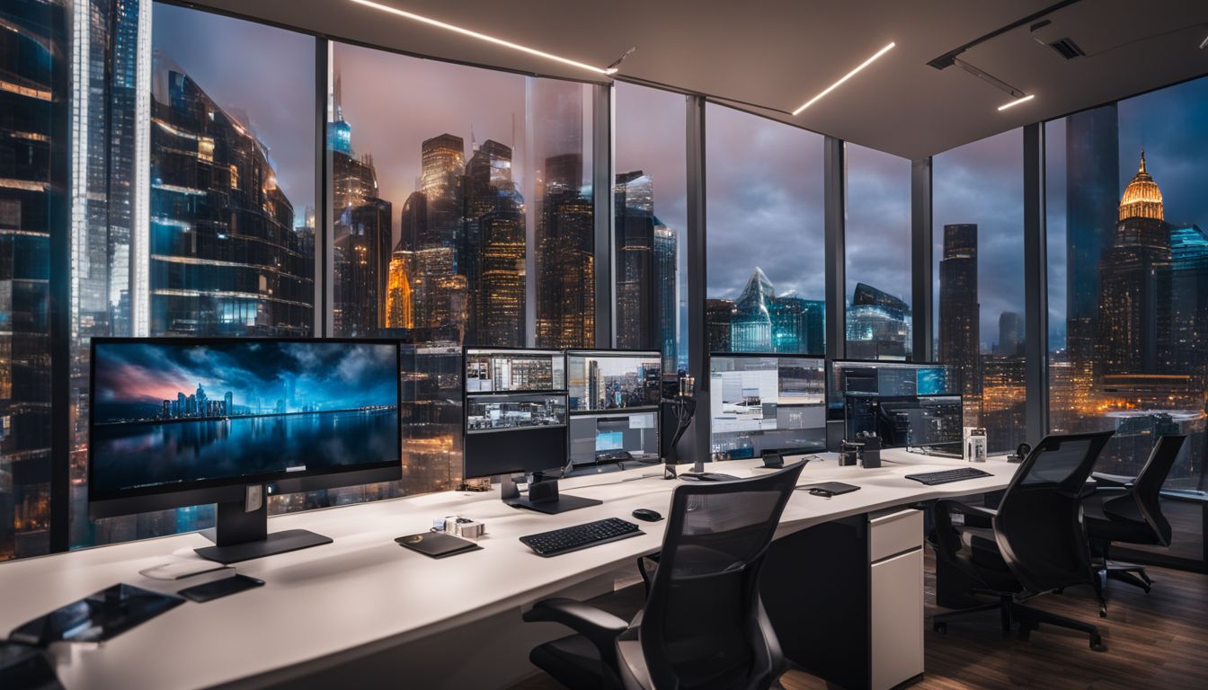 An innovative social media analytics dashboard in a futuristic office setting.