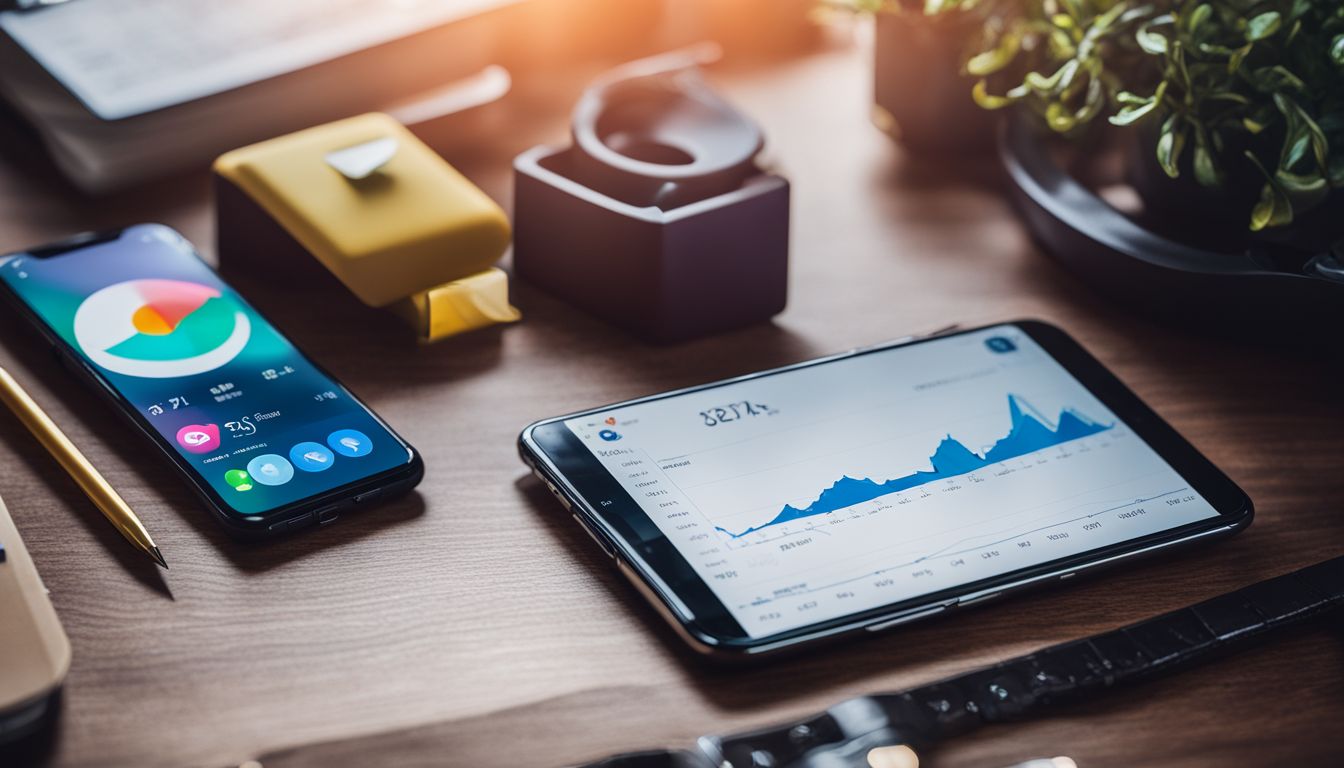 A smartphone displaying social media analytics surrounded by office supplies and still life objects.