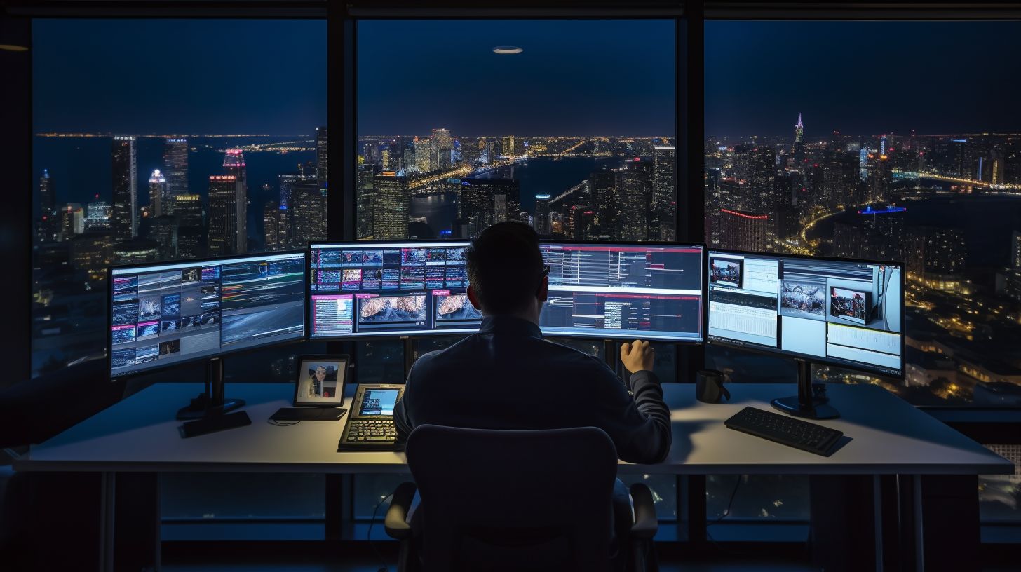 A person sitting at a desk surrounded by computer screens.