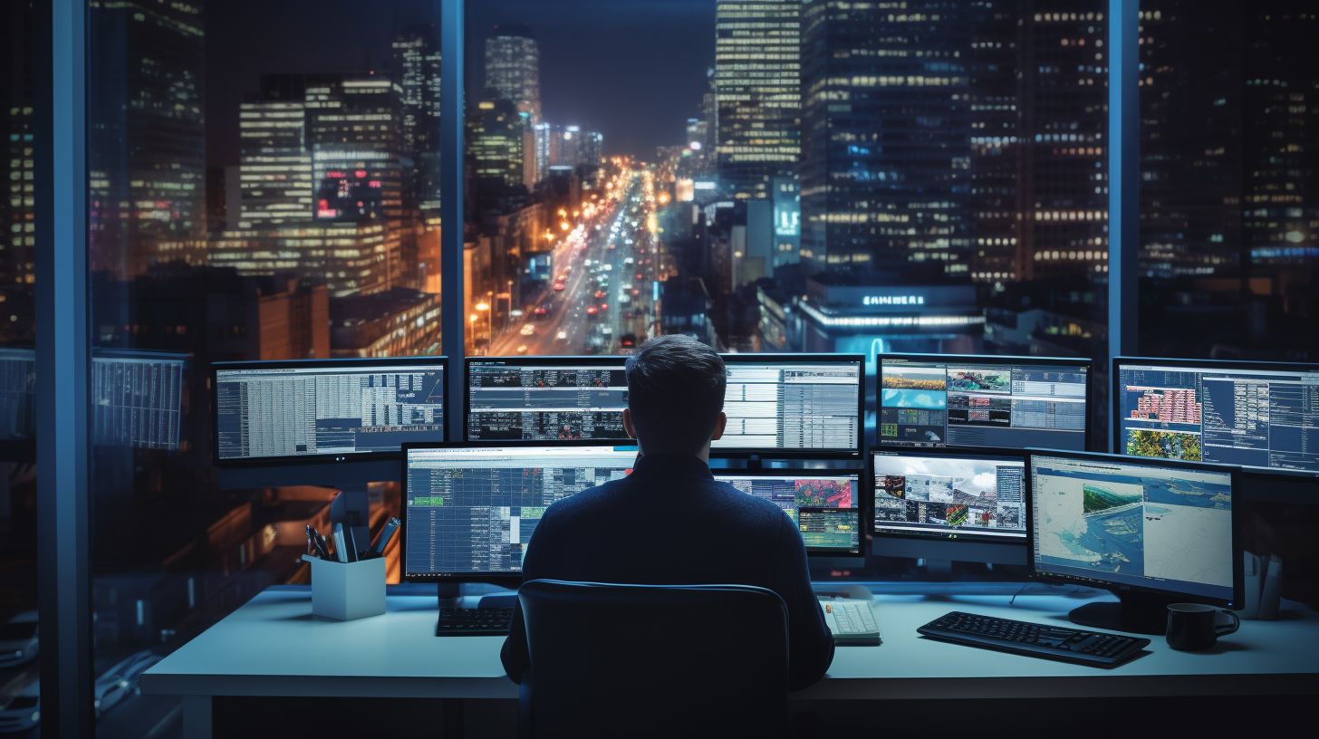 A person sitting at a desk surrounded by computer screens.
