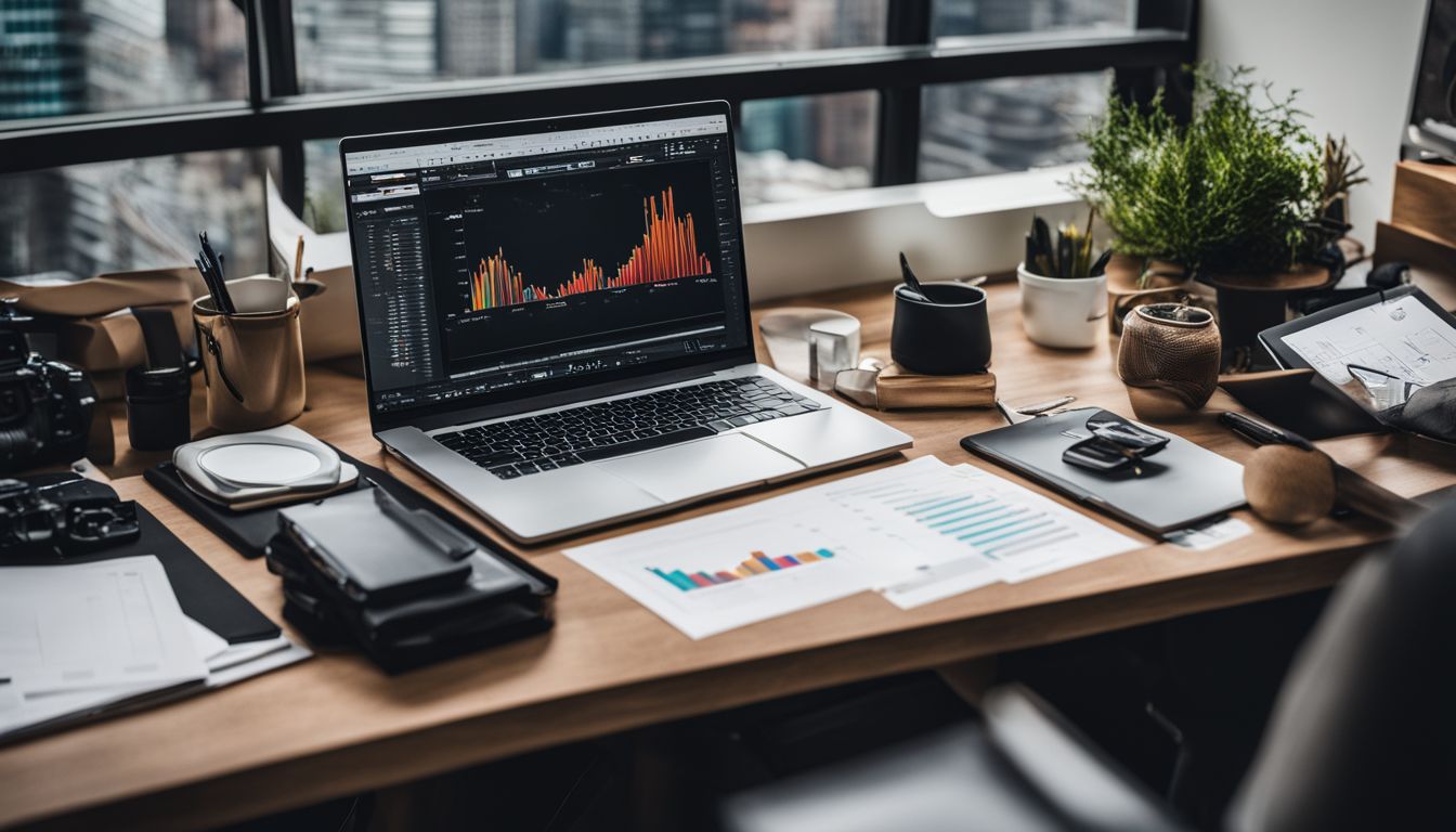 A busy office desk with laptop, charts, cityscape and diverse portraits.
