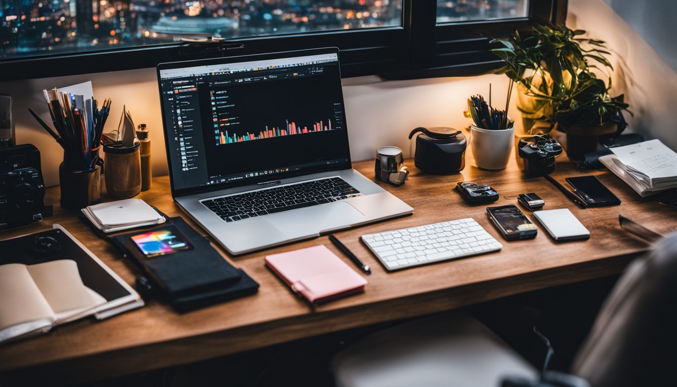 A well-organized desk with social media tools, photography, and editing equipment.