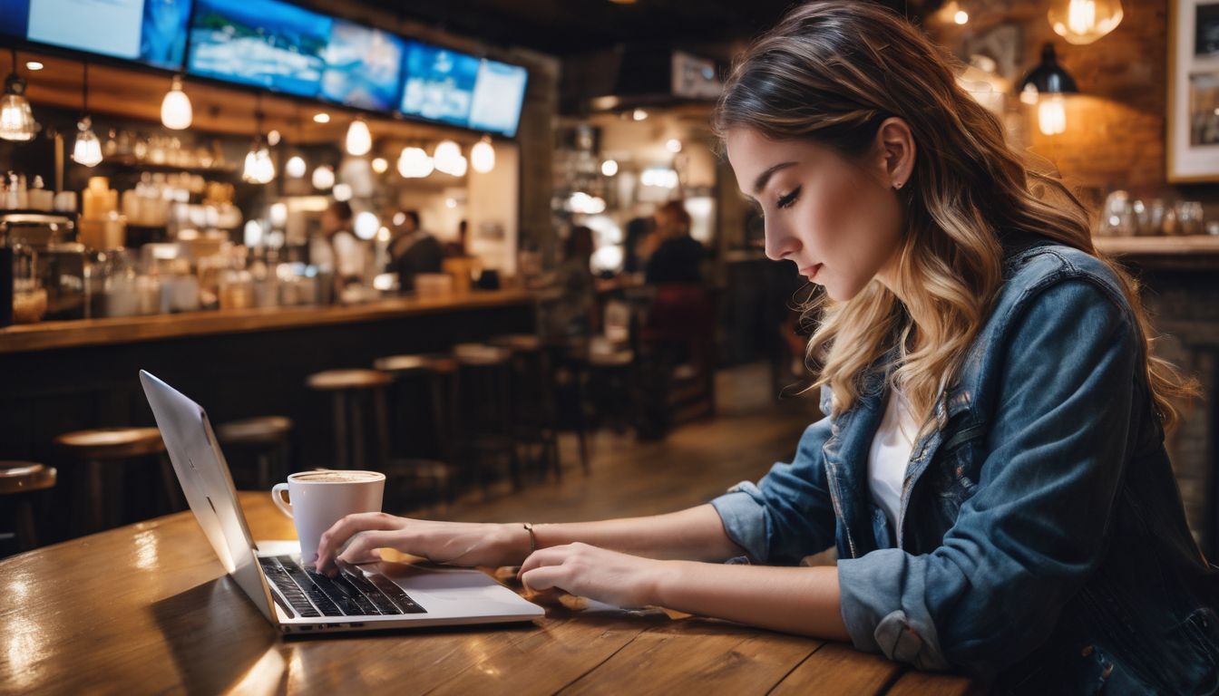 A person multitasking with electronic devices in a cozy coffee shop.
