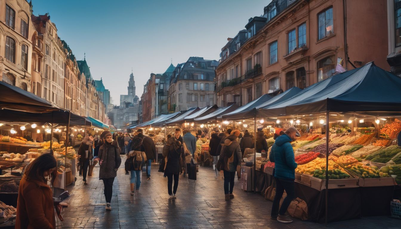 A bustling outdoor market with diverse shoppers and various digital devices.