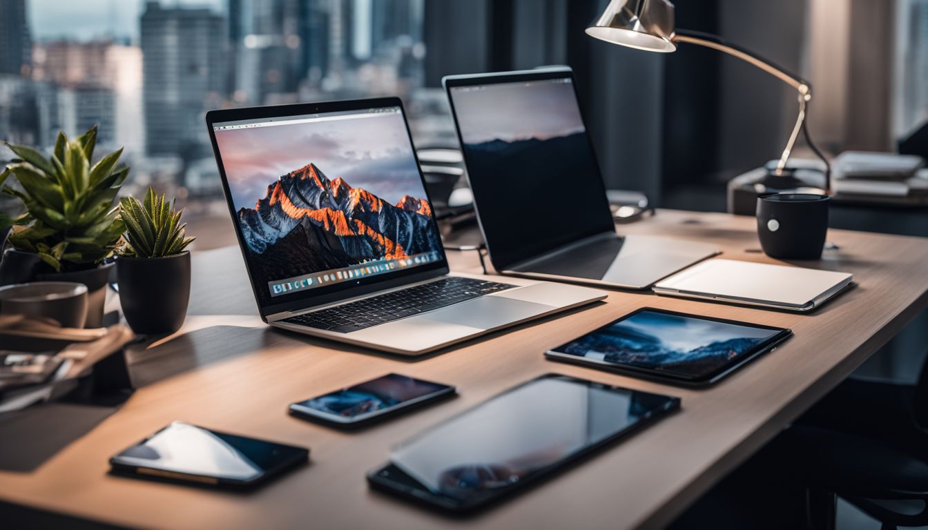 A modern office desk with electronic devices and city skyline.