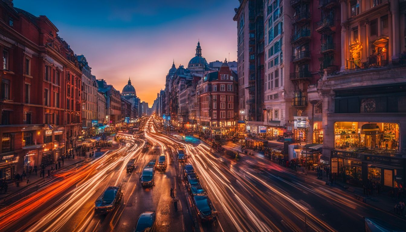 A colorful cityscape at dusk with a bustling atmosphere and diverse people.