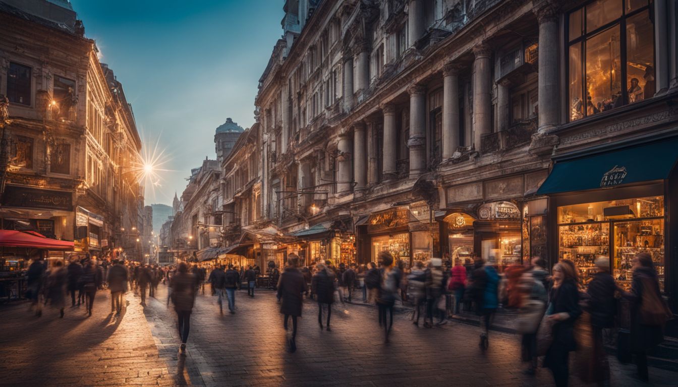 A bustling city street with diverse storefronts and digital screens.