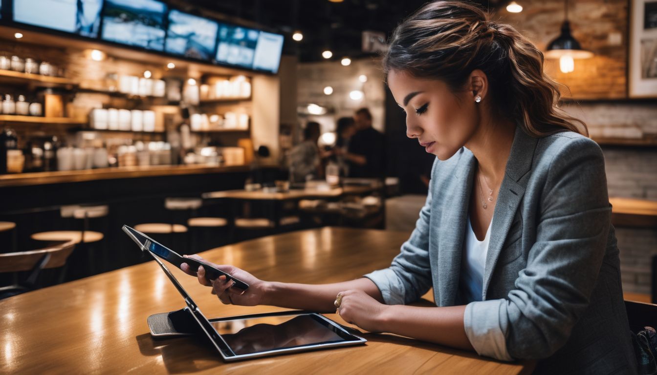 A person using a tablet in a modern coffee shop.