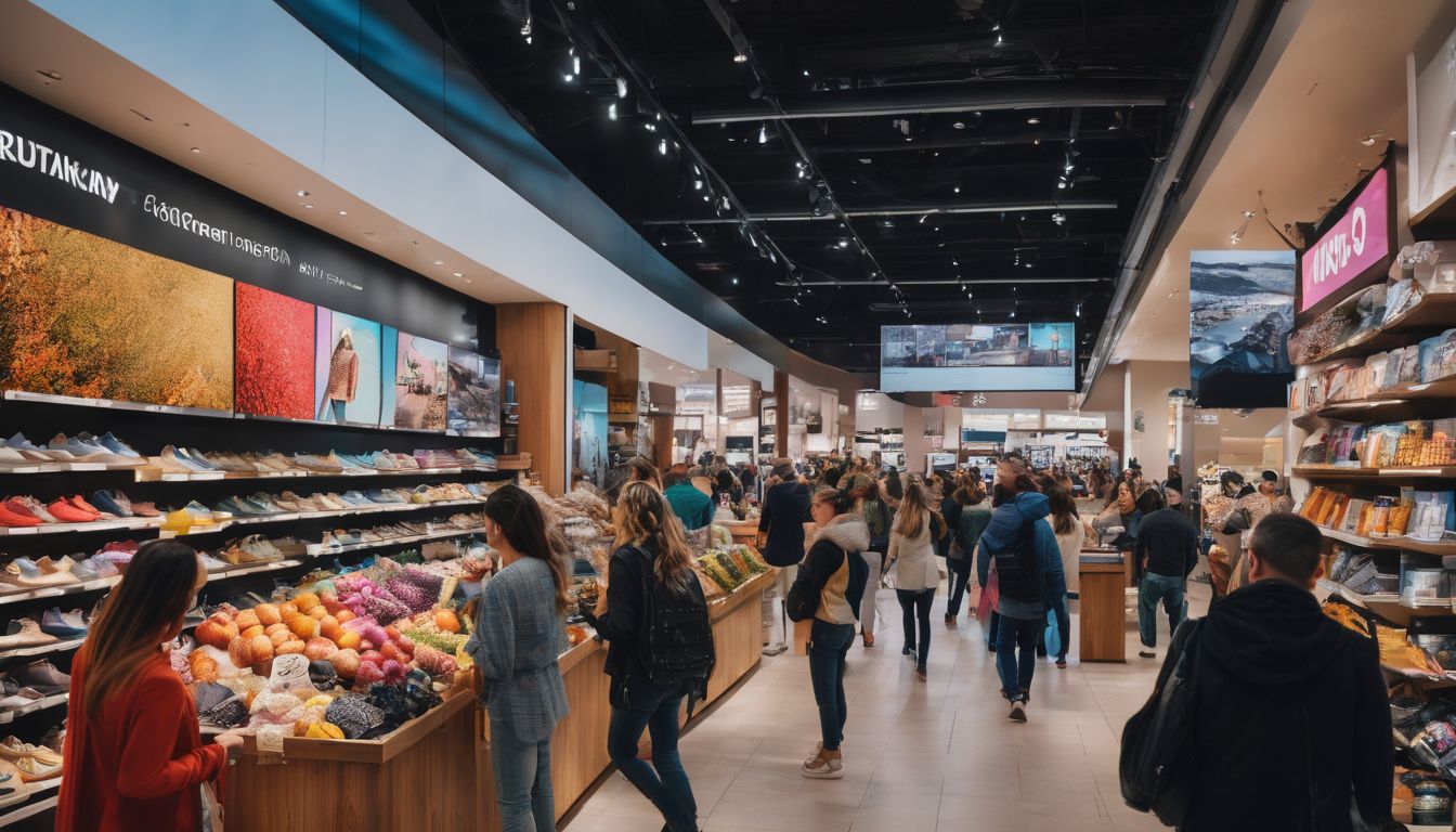 A diverse group of people shopping online and in-store in a bustling city.