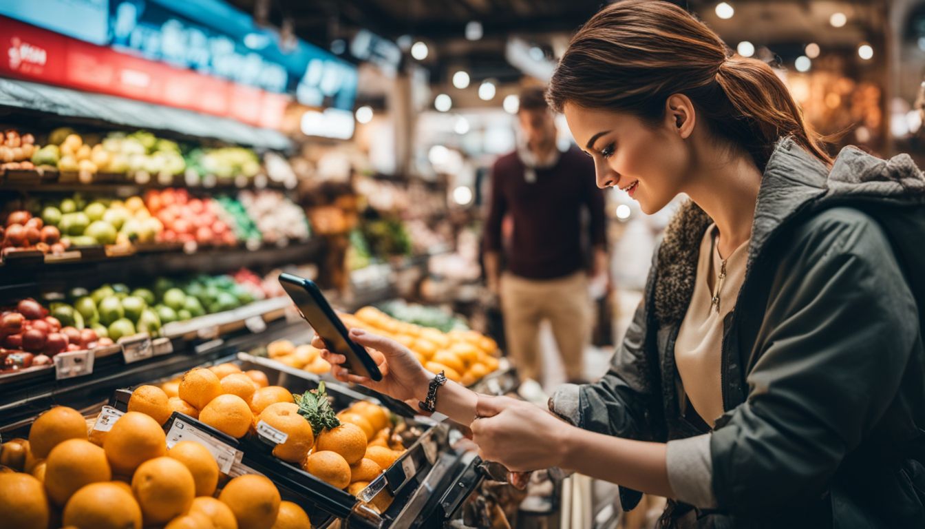 A person making a purchase in a bustling city using a smartphone.