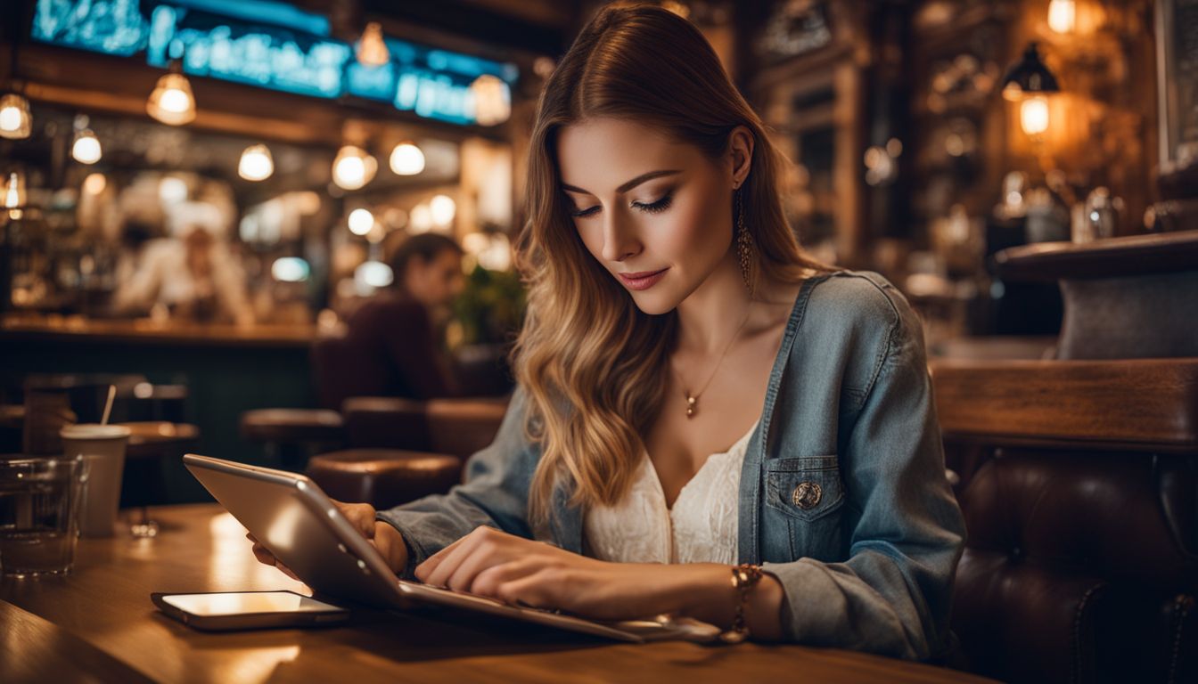 A woman using a tablet in a stylish coffee shop with modern and vintage decor.