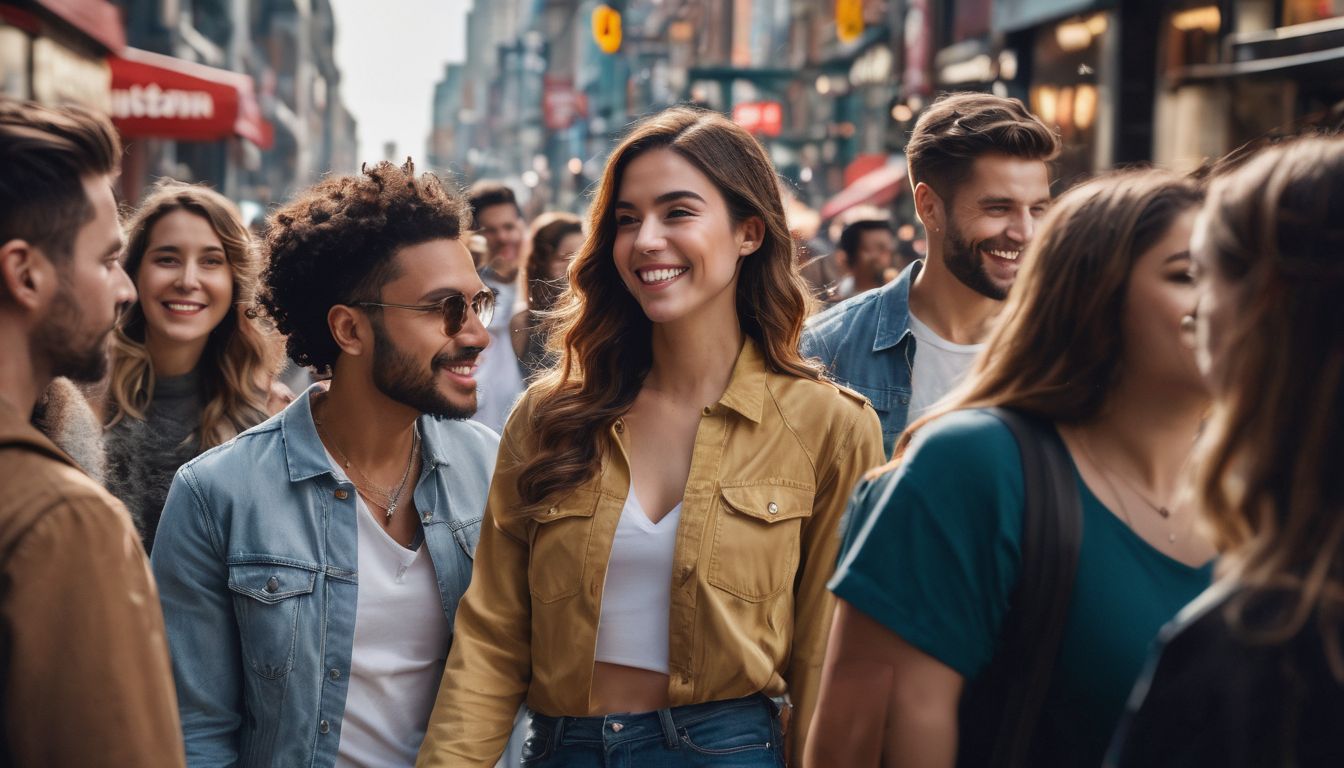 A diverse group of people interacting with personalized digital content in a bustling cityscape.