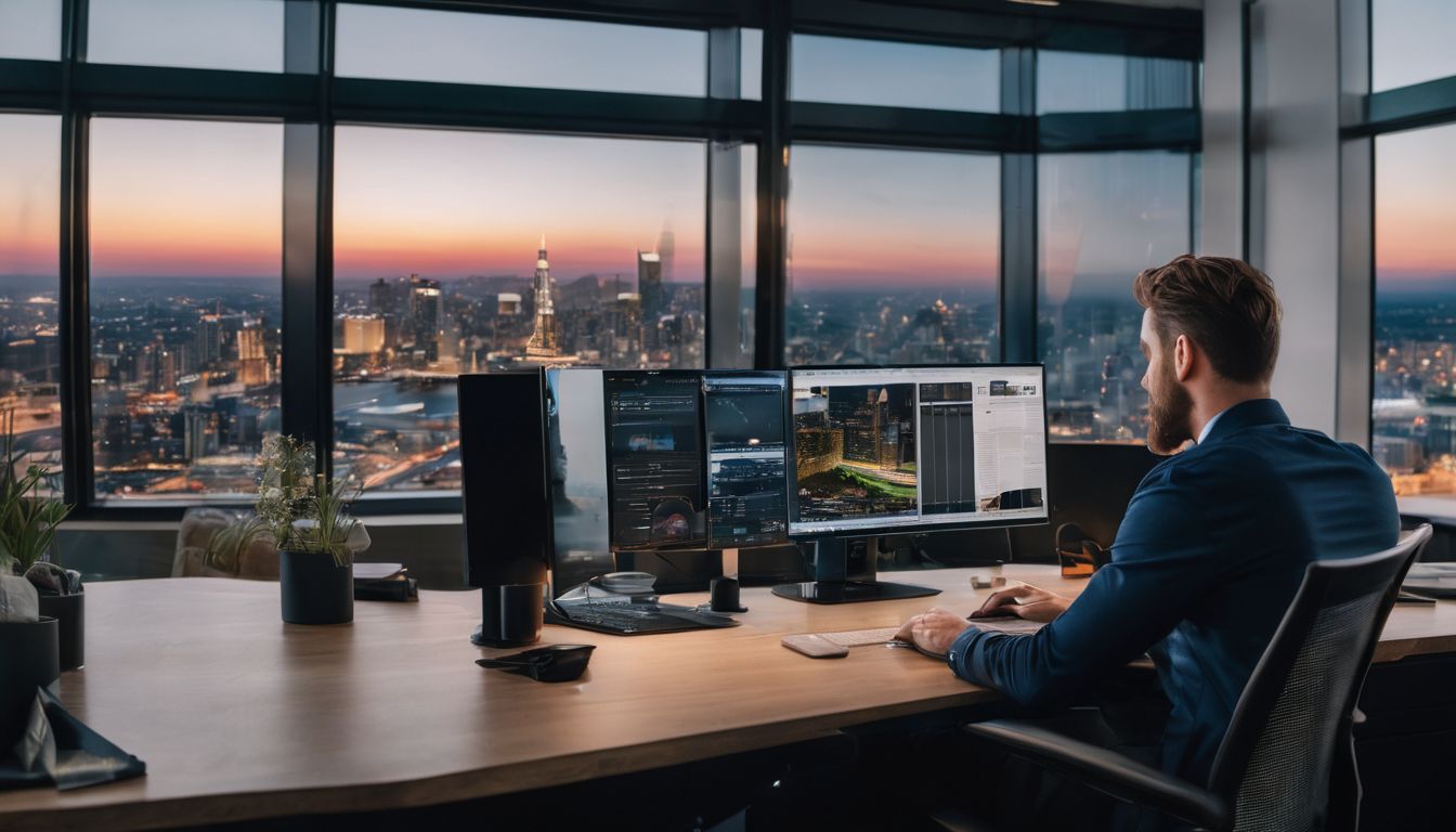 A person analyzing data on a laptop in a modern office setting. A person analyzing data on a laptop in a modern office setting.