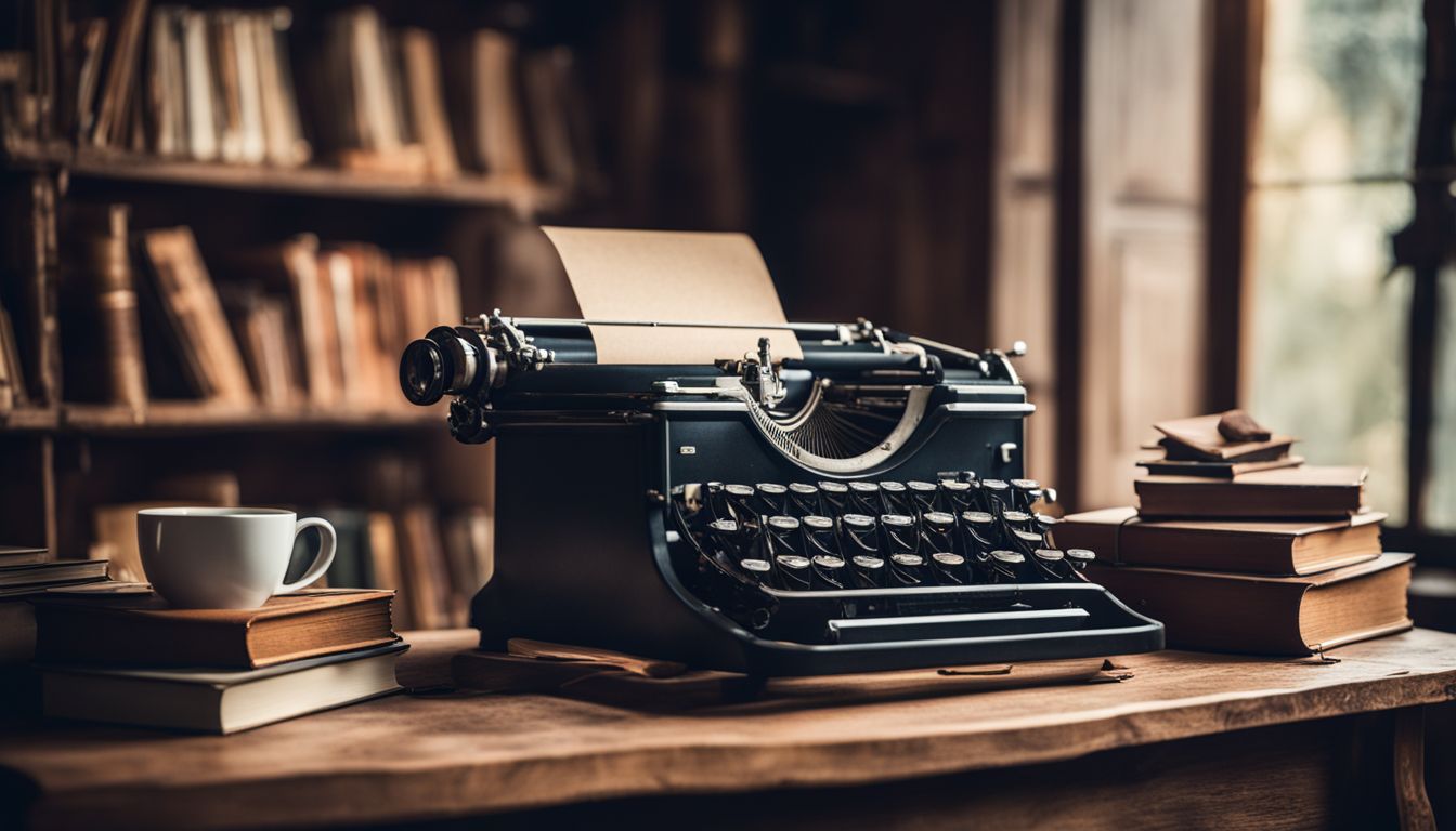 A vintage typewriter surrounded by books and a cup of coffee. A vintage typewriter surrounded by books and a cup of coffee.