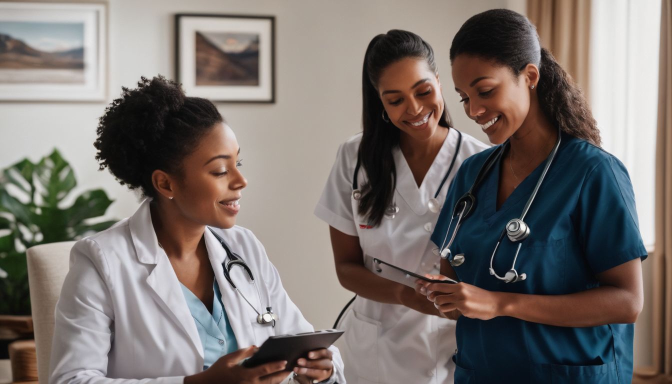 A nurse discussing care plans with a family in a living room.
