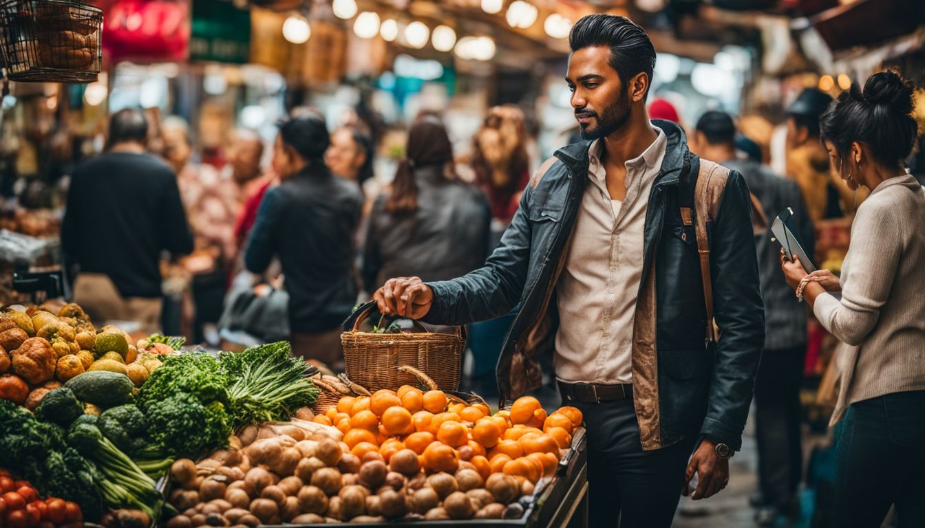 A local business owner engages with customers in a bustling city market.