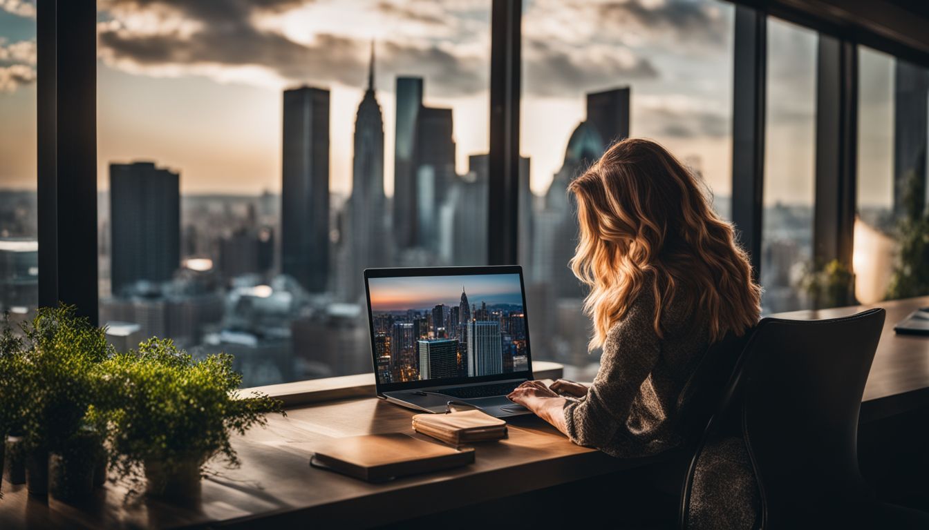 A business owner working on a laptop with a city skyline backdrop.
