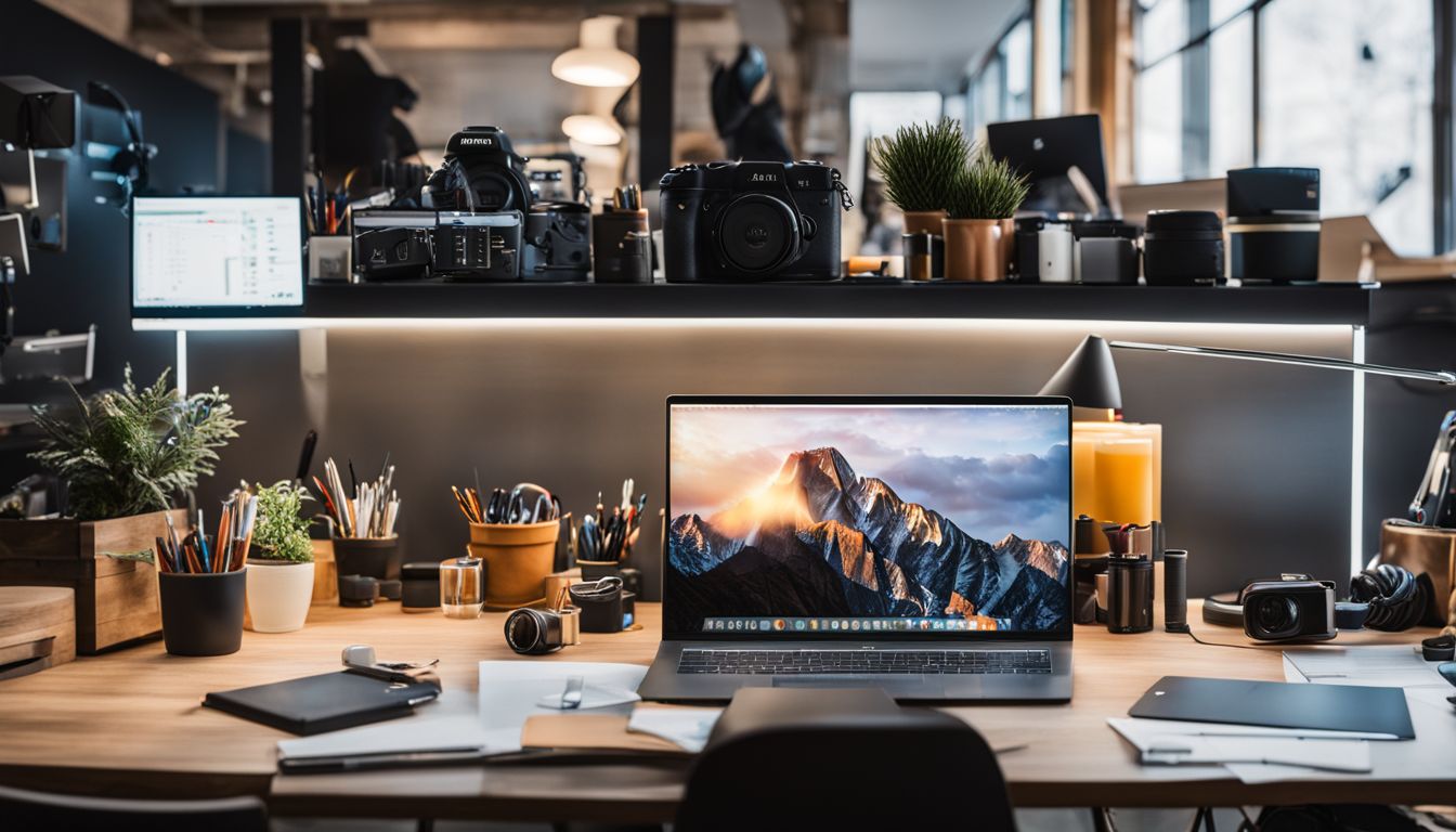 An organized office workspace with digital marketing tools and a computer. An organized office workspace with digital marketing tools and a computer.