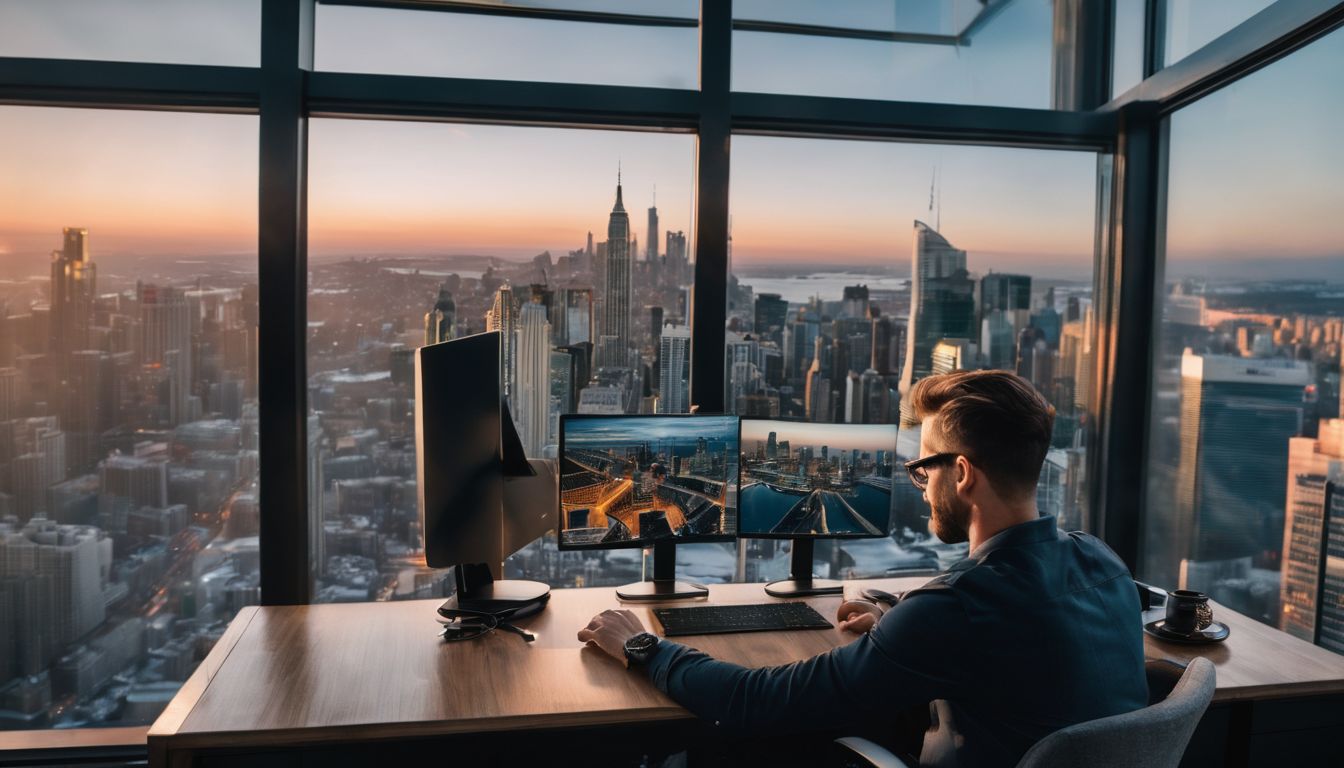 A person typing persuasive email with city skyline backdrop. A person typing persuasive email with city skyline backdrop.