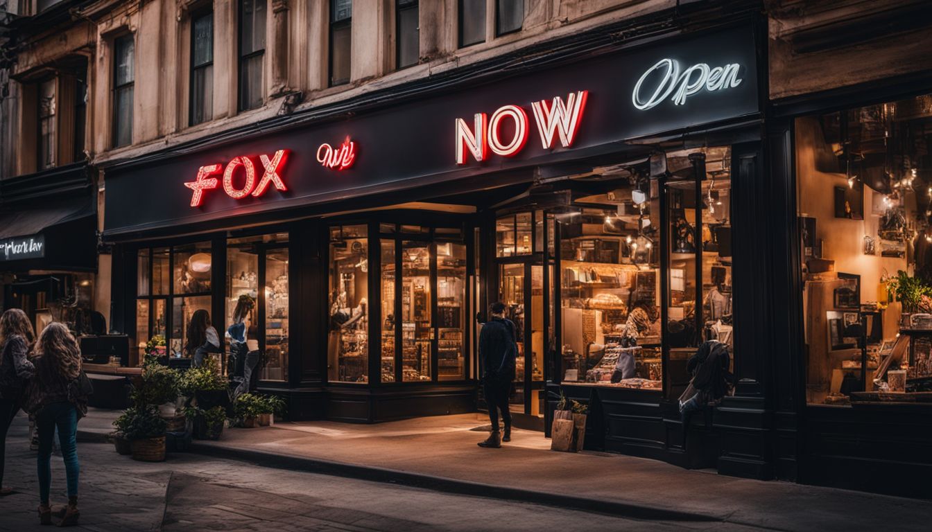 A bustling street with a prominent Now Open storefront.