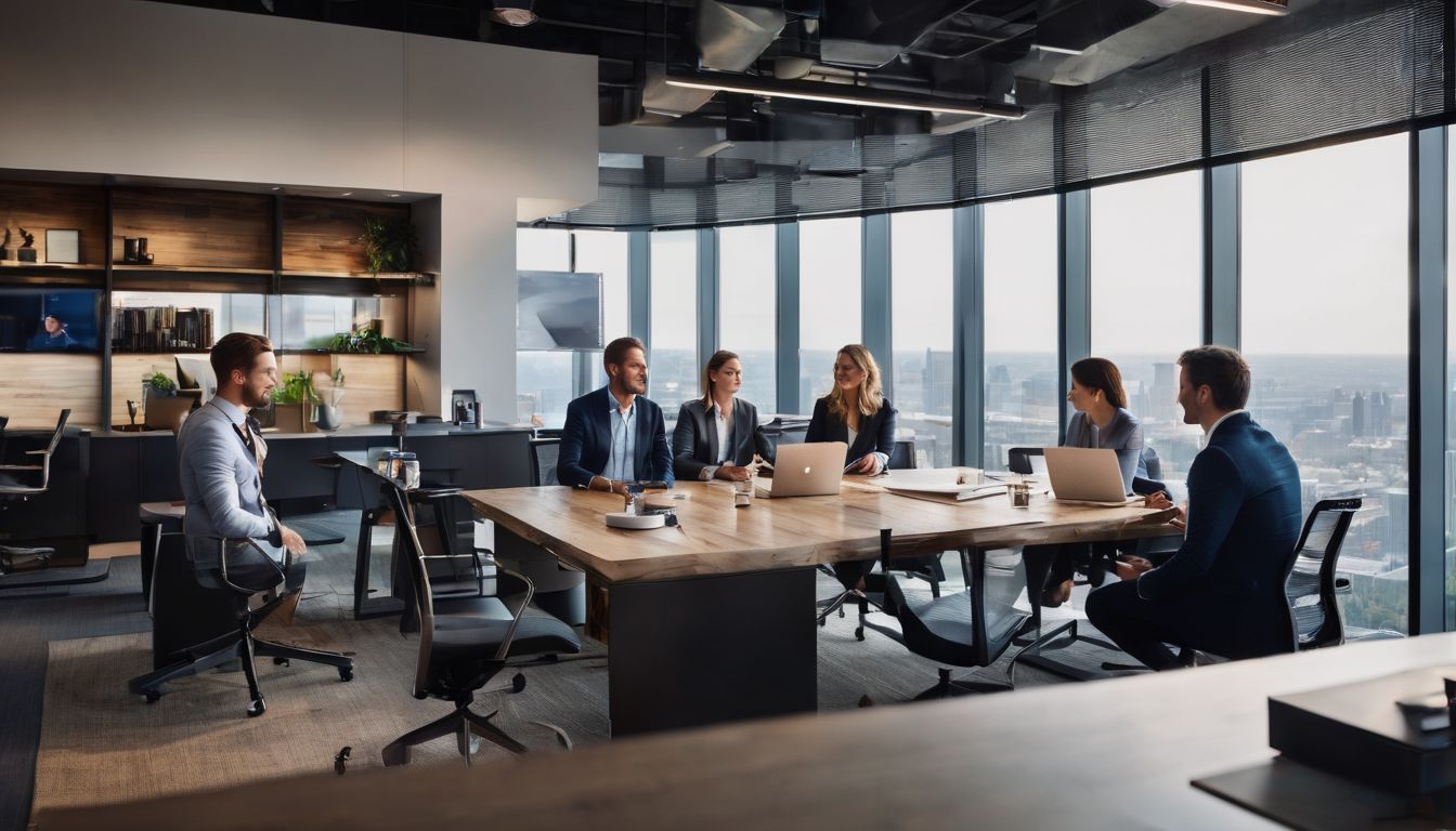 A diverse group of professionals brainstorming in a modern office setting. A diverse group of professionals brainstorming in a modern office setting.