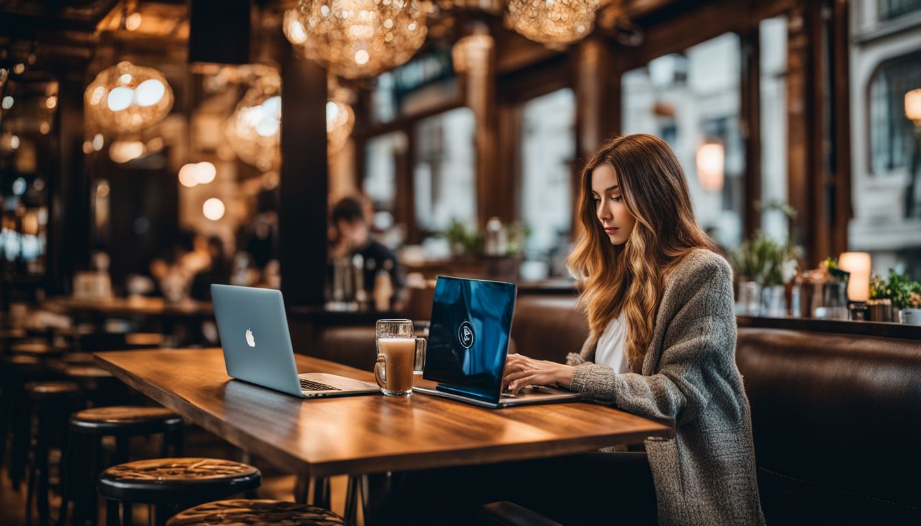 A person working on a laptop in a bustling city cafe.