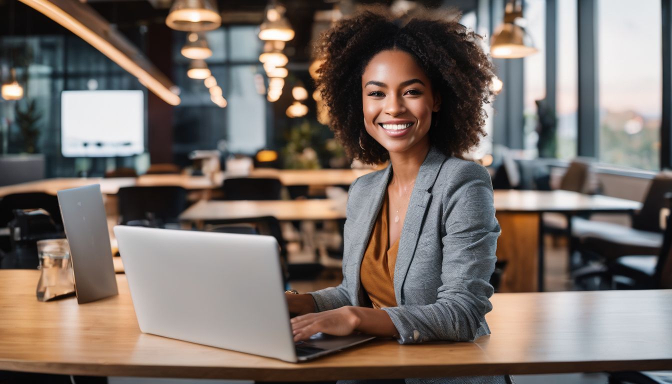A smiling entrepreneur using digital marketing tools to work in a minimalistic office space. A smiling entrepreneur using digital marketing tools to work in a minimalistic office space.