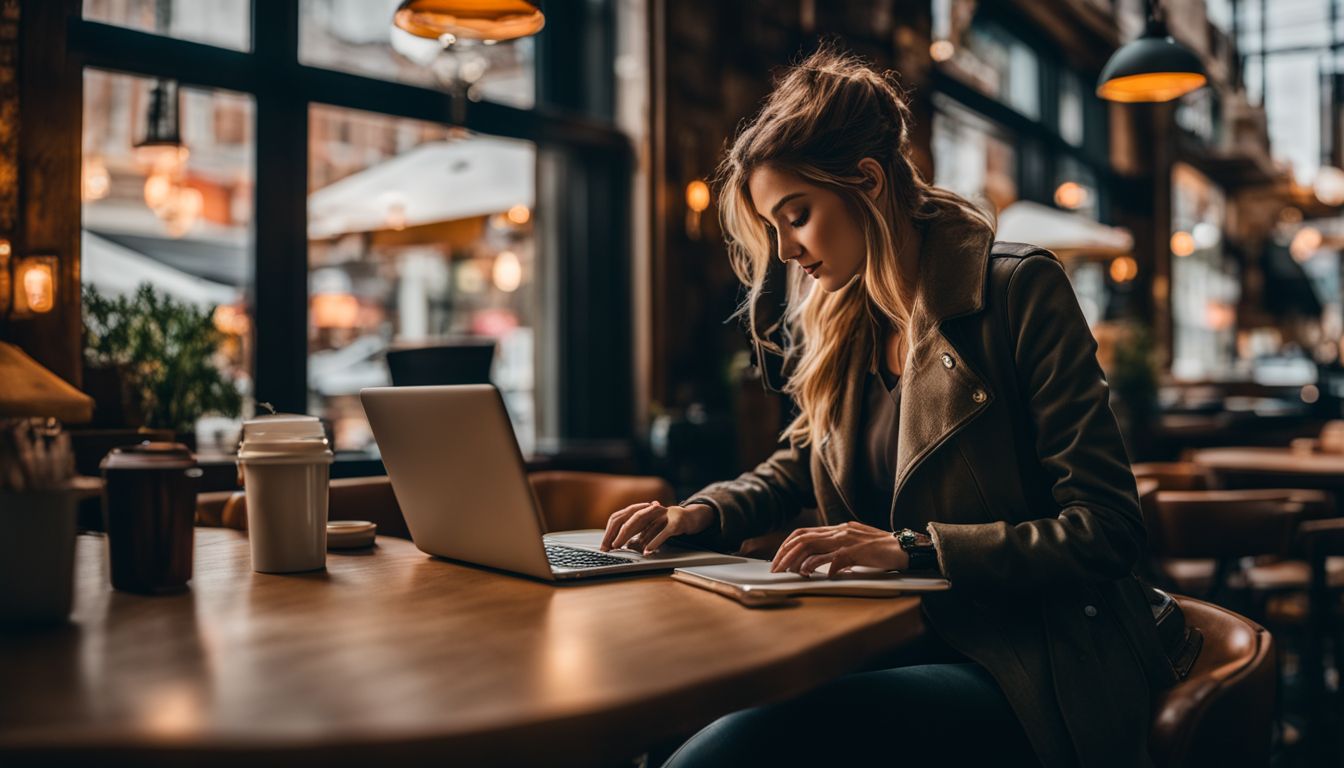 A person working on a laptop in a bustling coffee shop. A person working on a laptop in a bustling coffee shop.