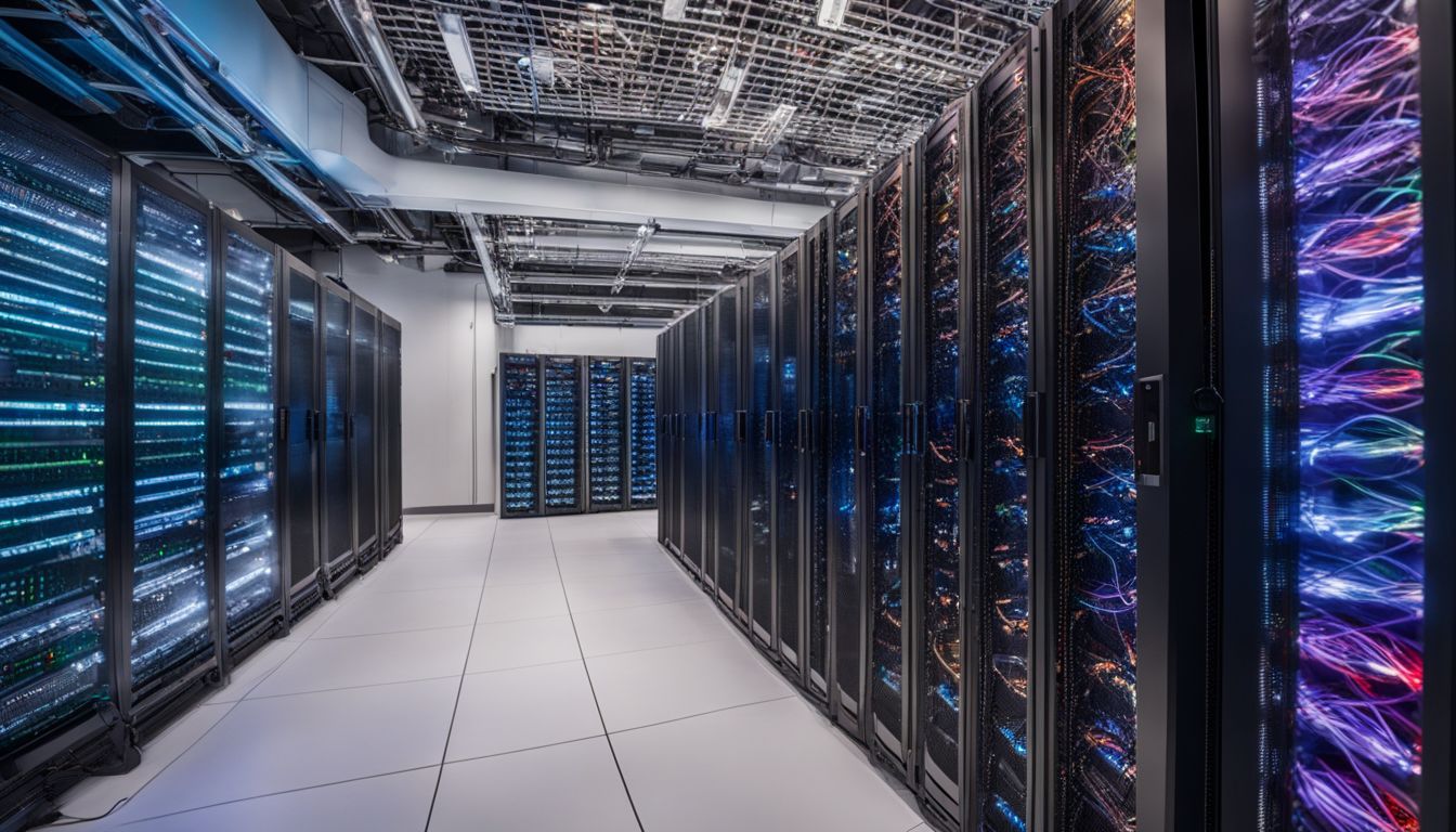 A network of server racks in a high-tech data center.