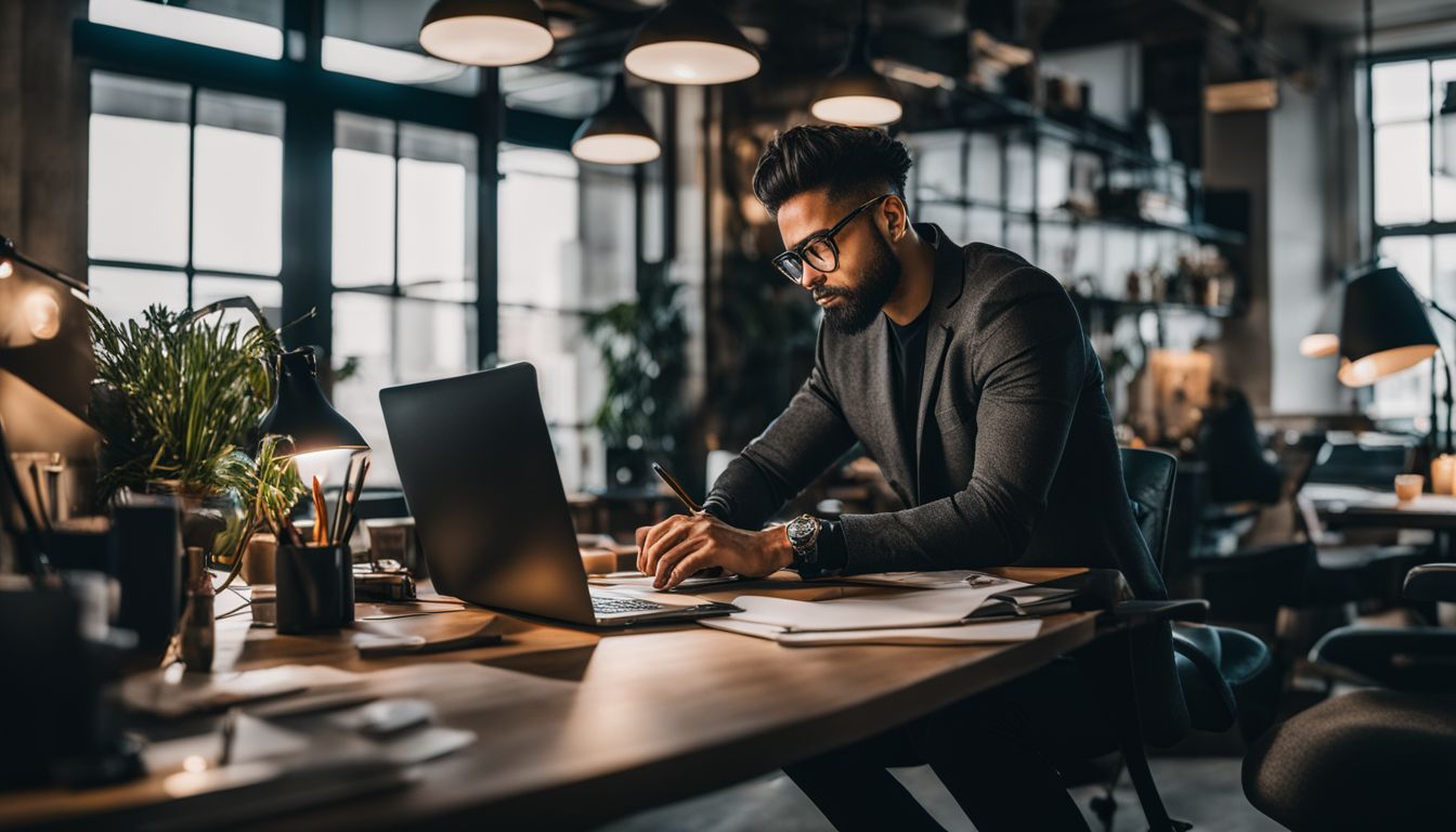 An entrepreneur working in a creative and bustling workspace. An entrepreneur working in a creative and bustling workspace.