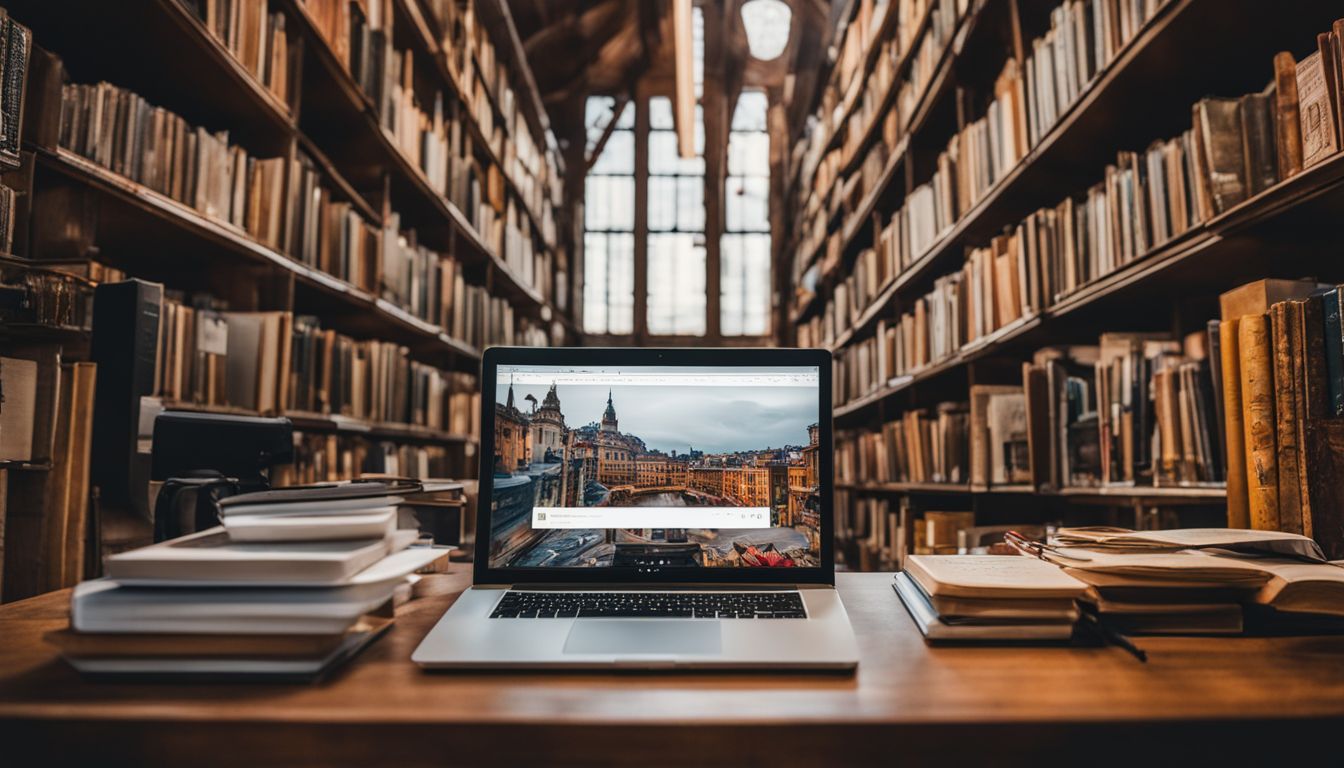 A laptop surrounded by diverse books in a bustling library setting.