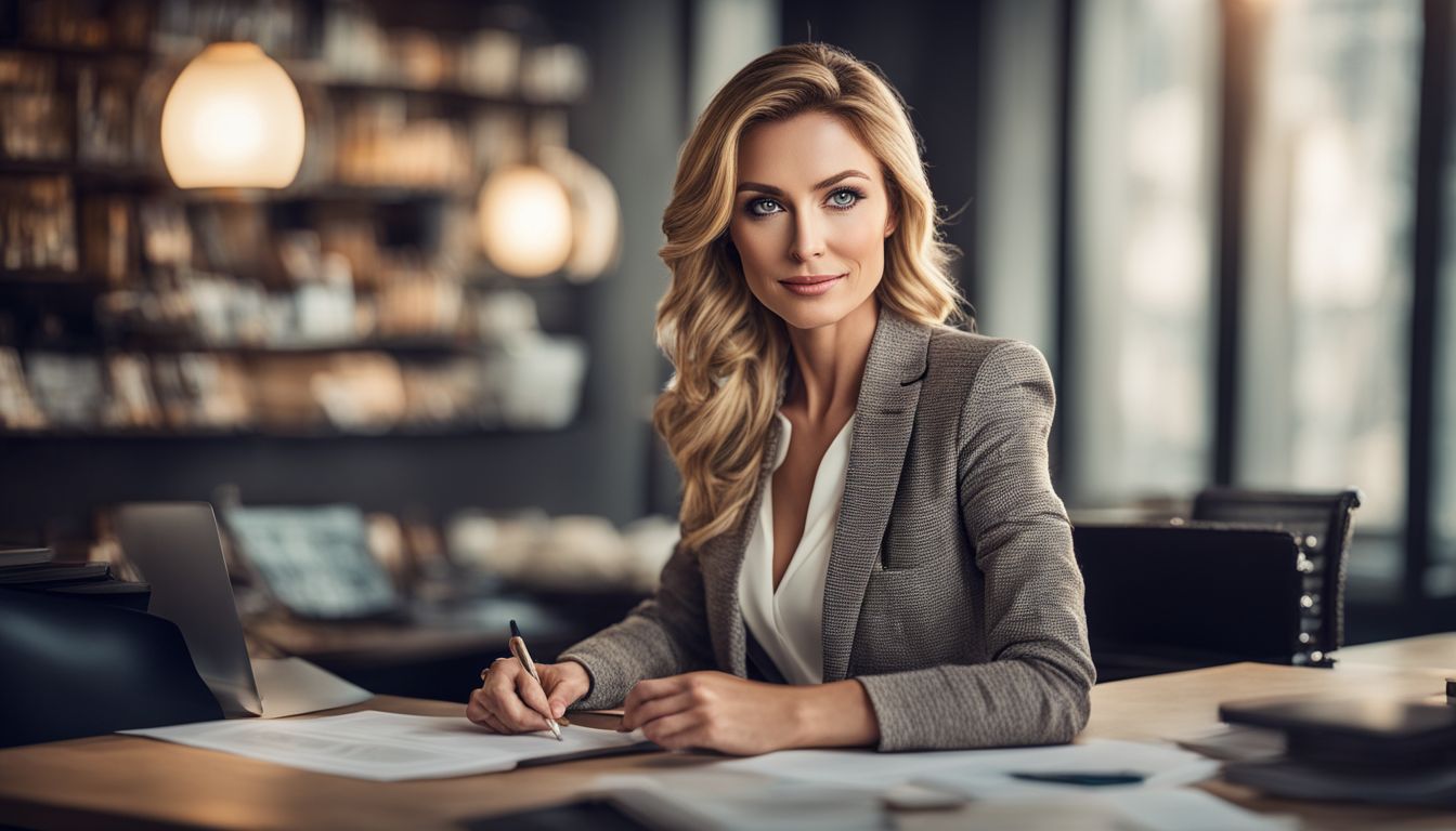 A professional woman posing confidently surrounded by marketing materials. A professional woman posing confidently surrounded by marketing materials.