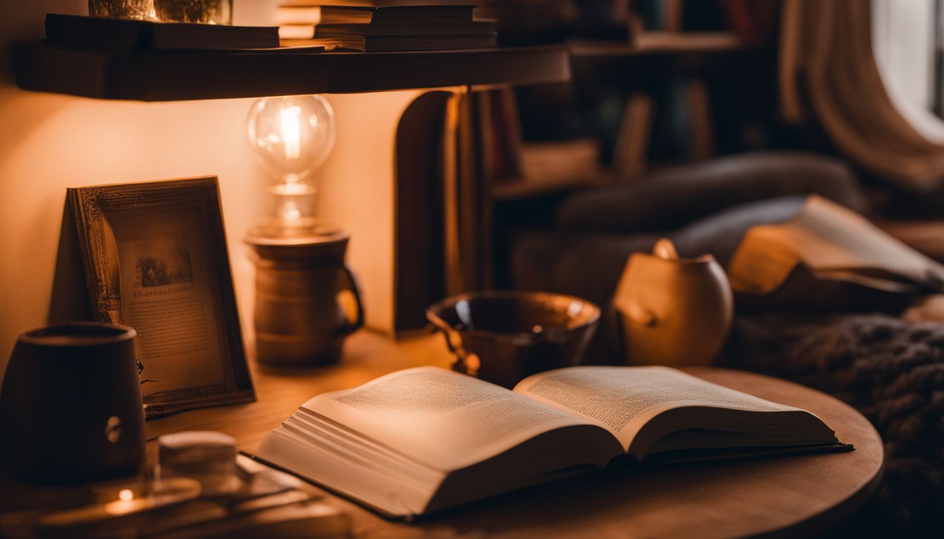 A cozy reading nook with an open book and varied models. A cozy reading nook with an open book and varied models.