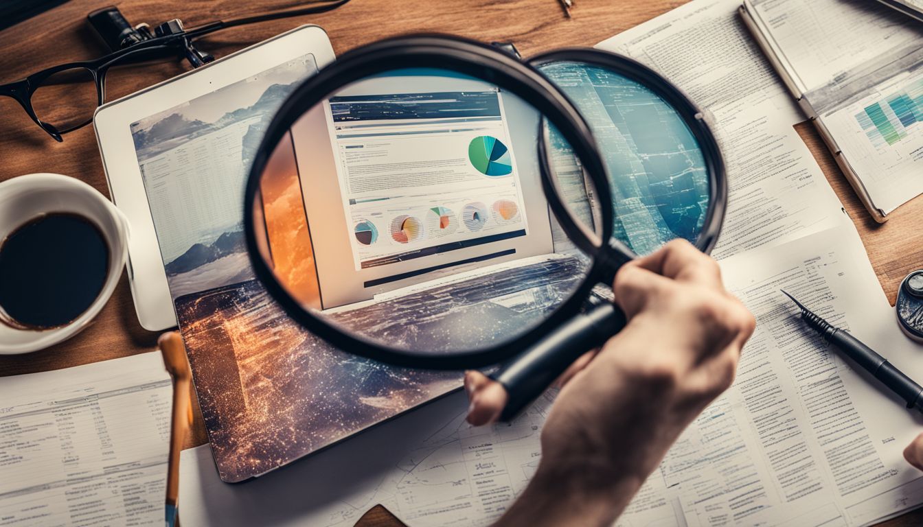 A person analyzing a web page surrounded by technical SEO tools.