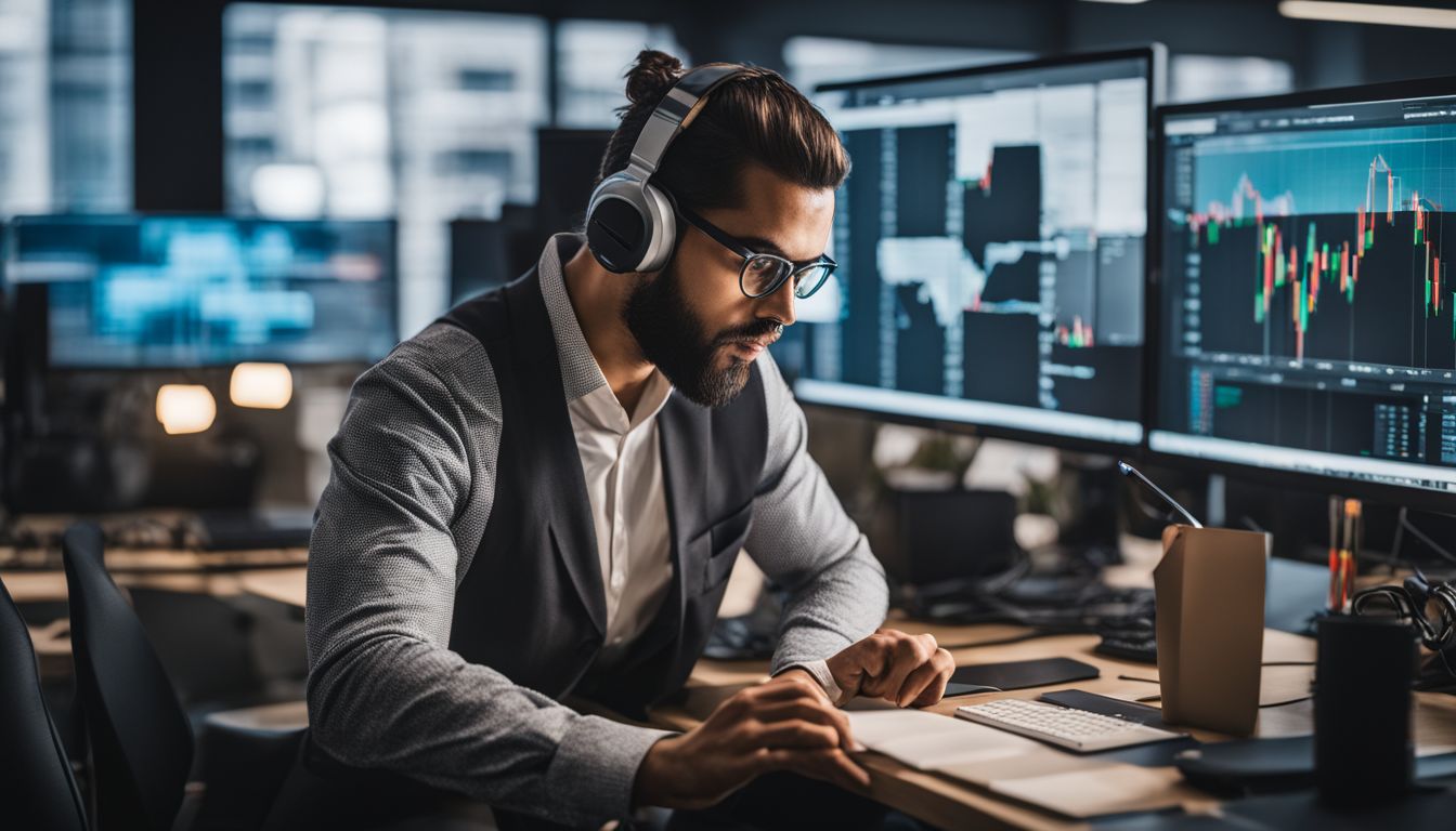 A computer scientist analyzing data in a modern office setting.