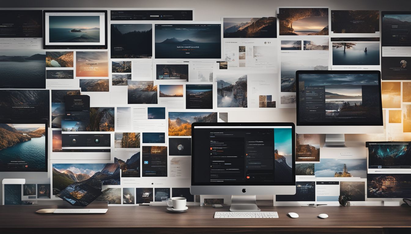 A website structure surrounded by diverse modern technology and photography elements.