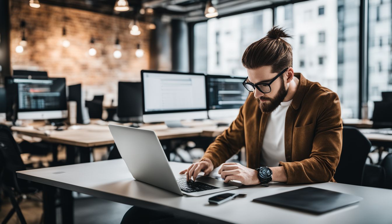 A web developer analyzing website structure in a modern office.