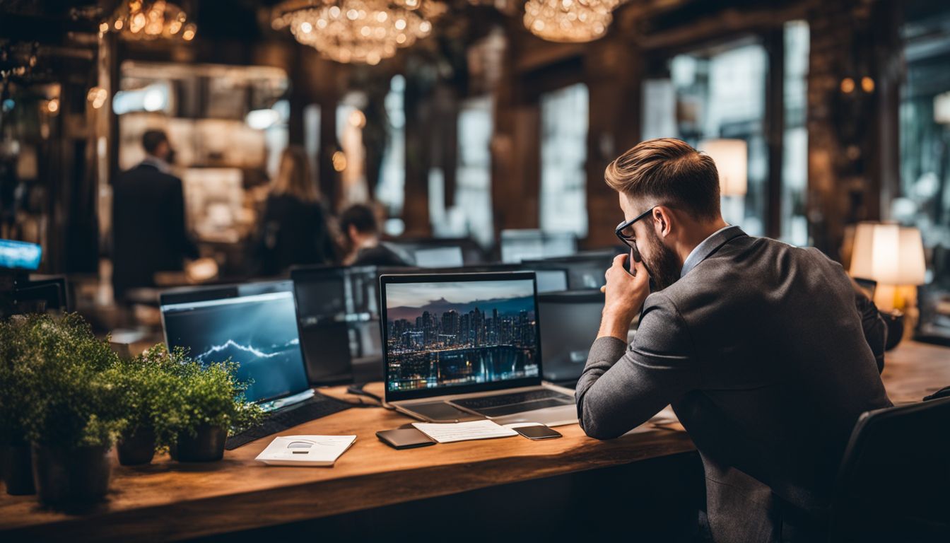 A business owner analyzing website traffic and local search rankings in a bustling city.