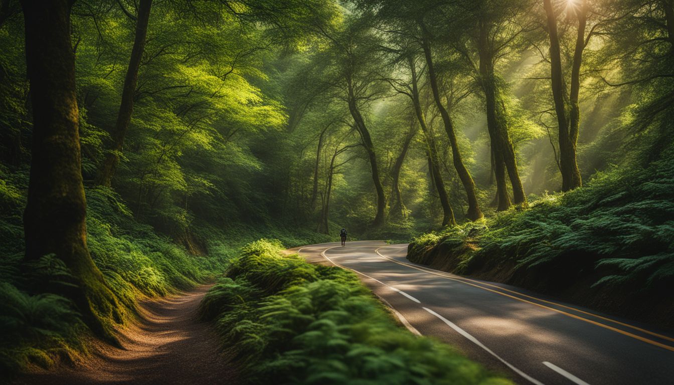 A winding road through a lush forest with diverse people and vibrant greenery. A winding road through a lush forest with diverse people and vibrant greenery.