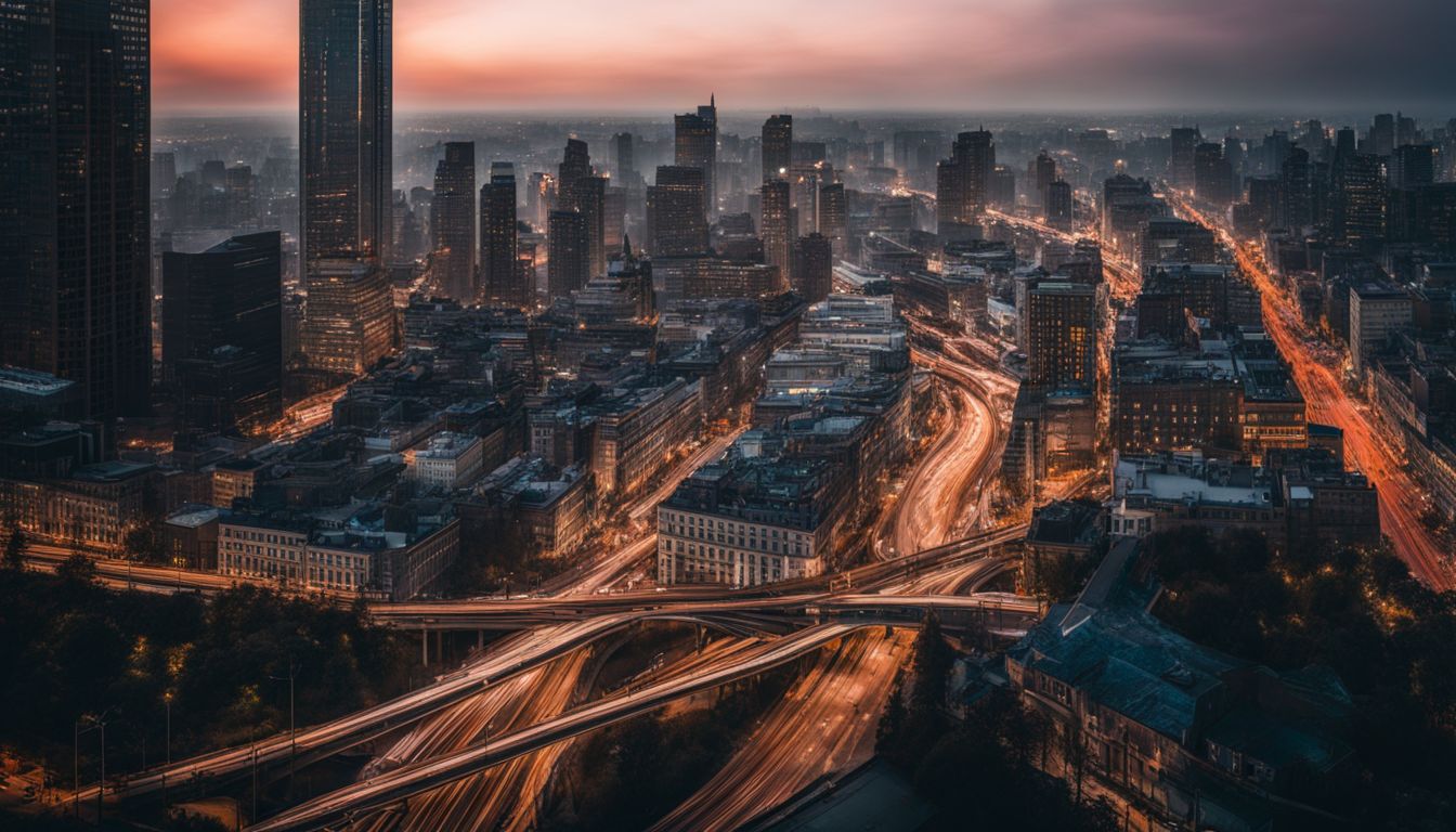 A network of roads through a diverse urban landscape with bustling atmosphere.