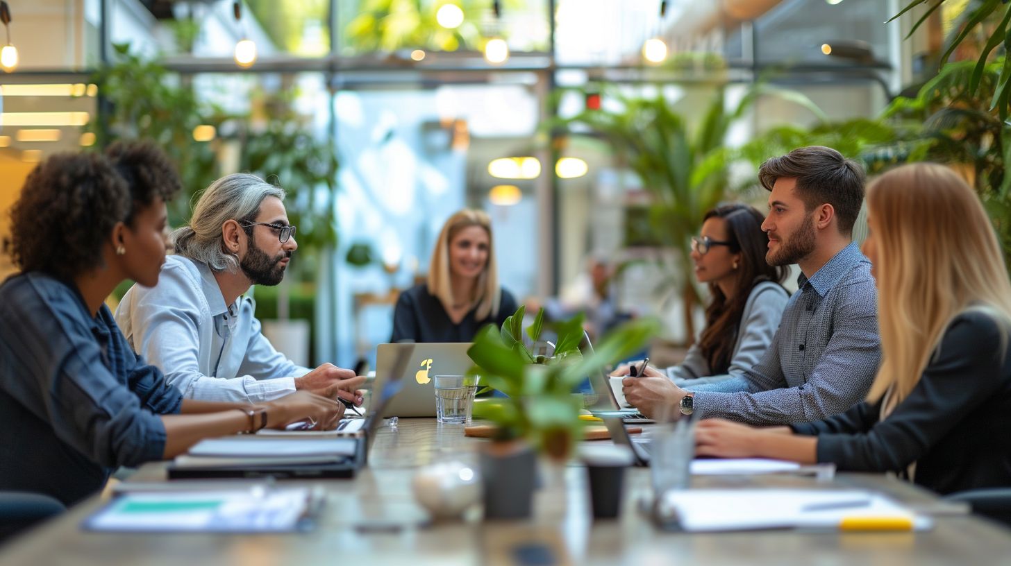 A diverse group of professionals brainstorming in an urban conference room. A diverse group of professionals brainstorming in an urban conference room.