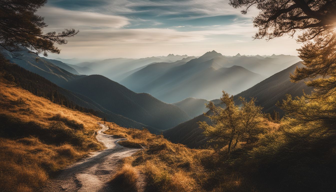 'A stunning mountain landscape with a winding hiking trail and diverse people.'