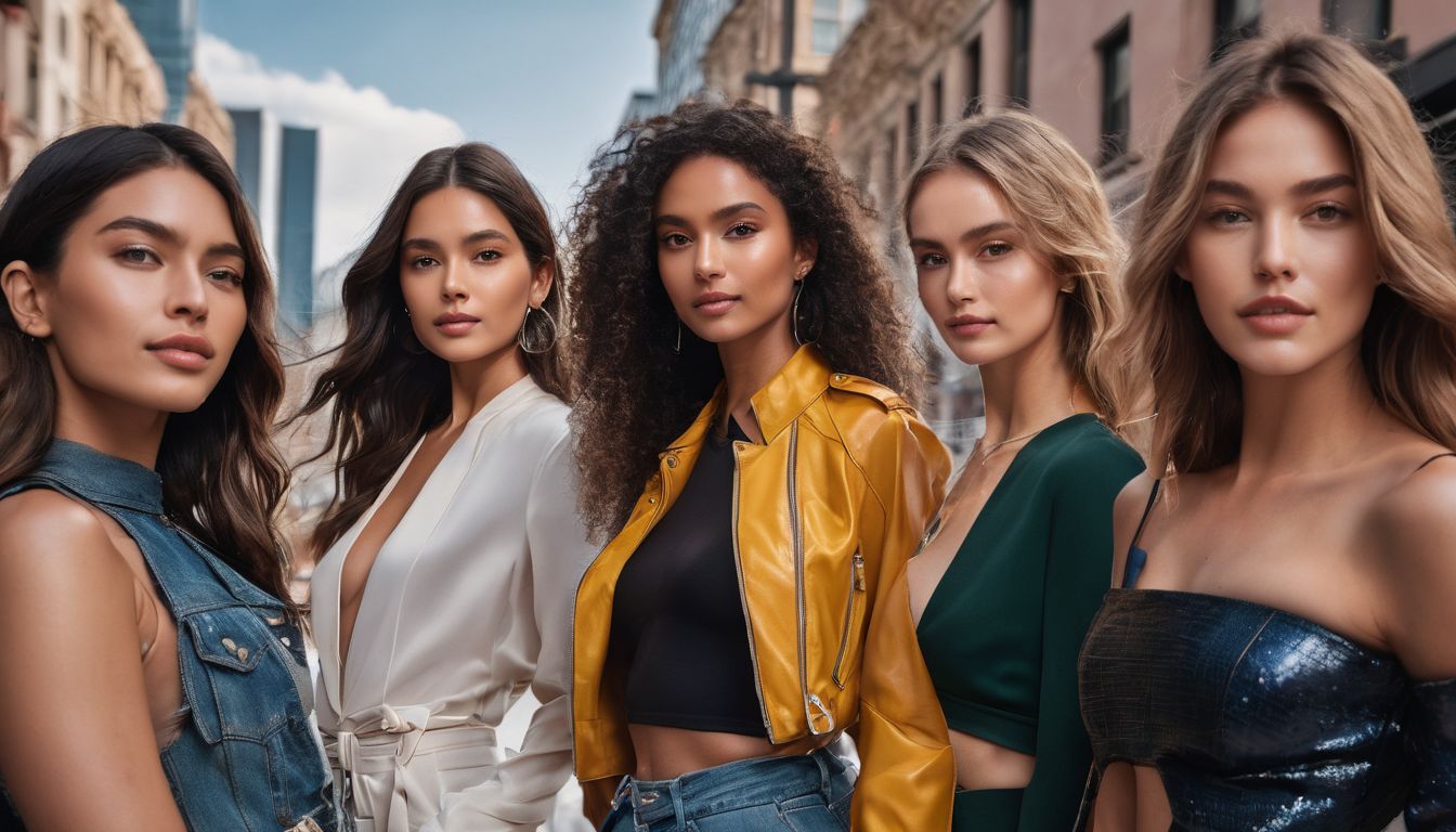 Diverse group of influencers posing with branded products in urban setting.