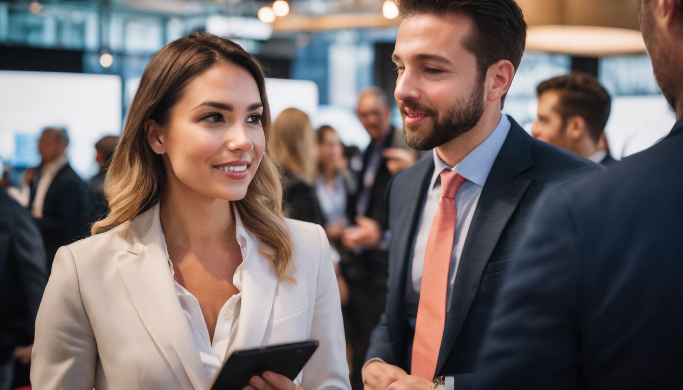 A diverse group of professionals engage in lively networking discussion.