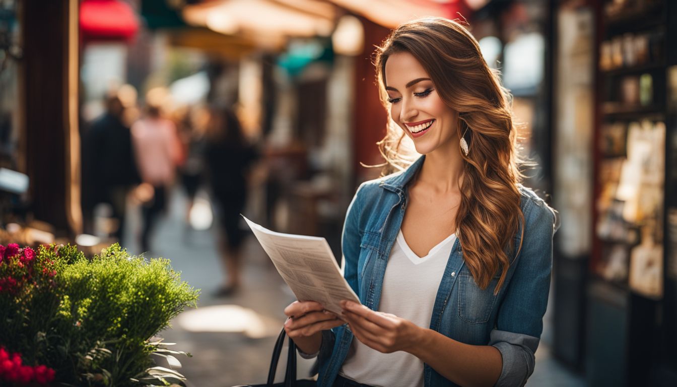 A small business owner smiling while checking their business listing in a vibrant city street.