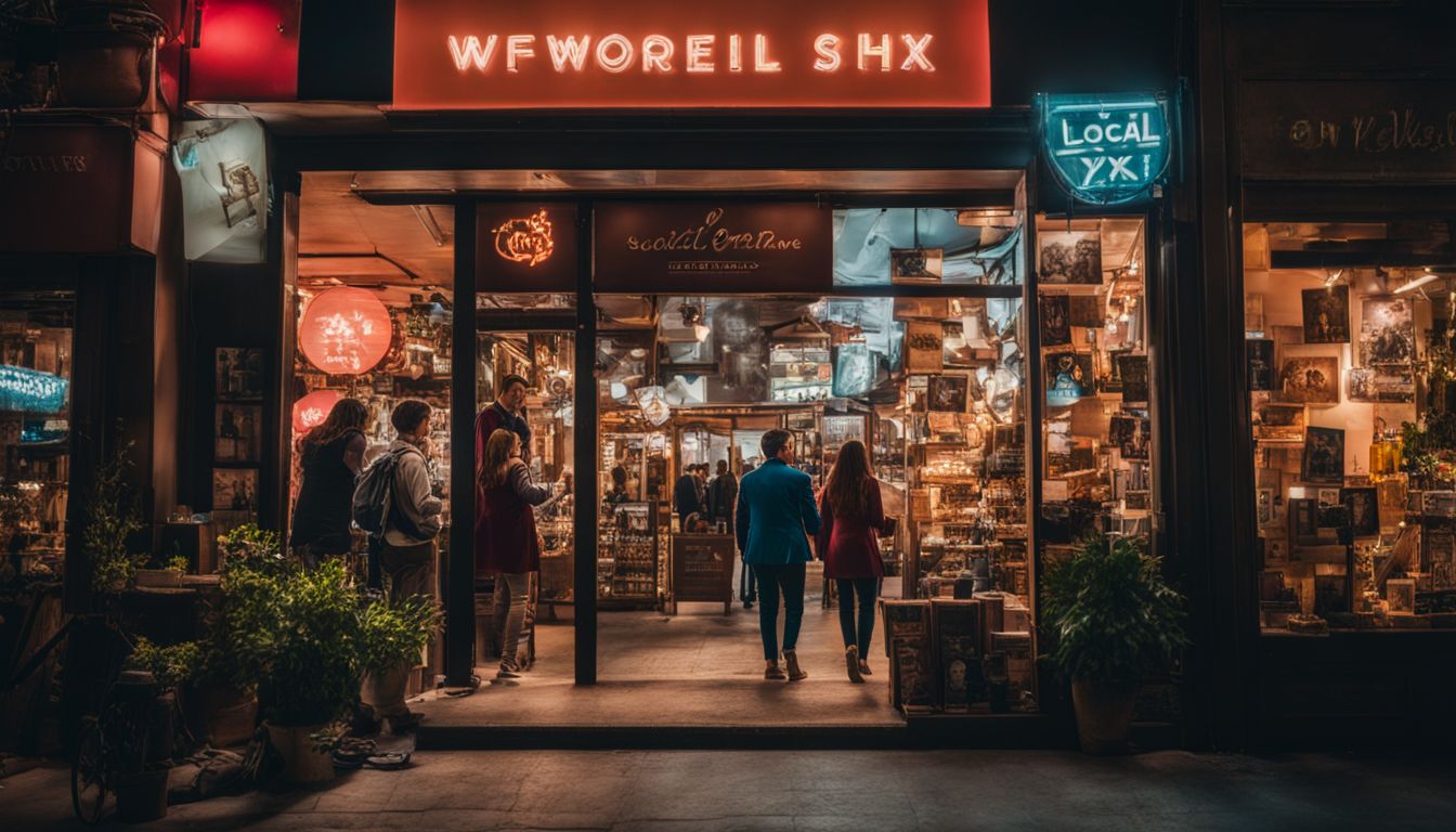 A storefront surrounded by bustling local activity in the city.