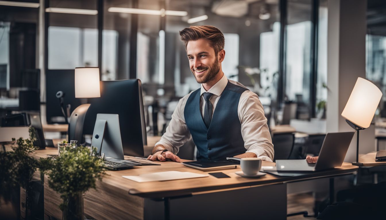 A business owner responds to online reviews at a modern office desk.