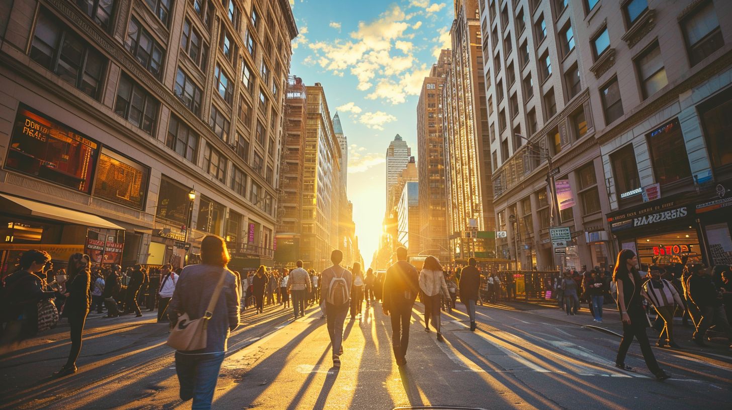 A vibrant city street with local businesses and activities at sunset.