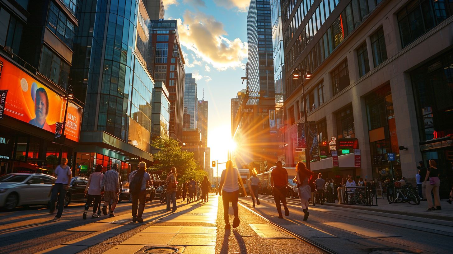A vibrant city street with local businesses and activities at sunset.